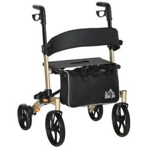 HOMCOM Folding Rollator with Cane Holder, Adjustable Handle Height and Aluminum Frame, 4 Wheeled Mobility Walker with Seat and Bag, Gold